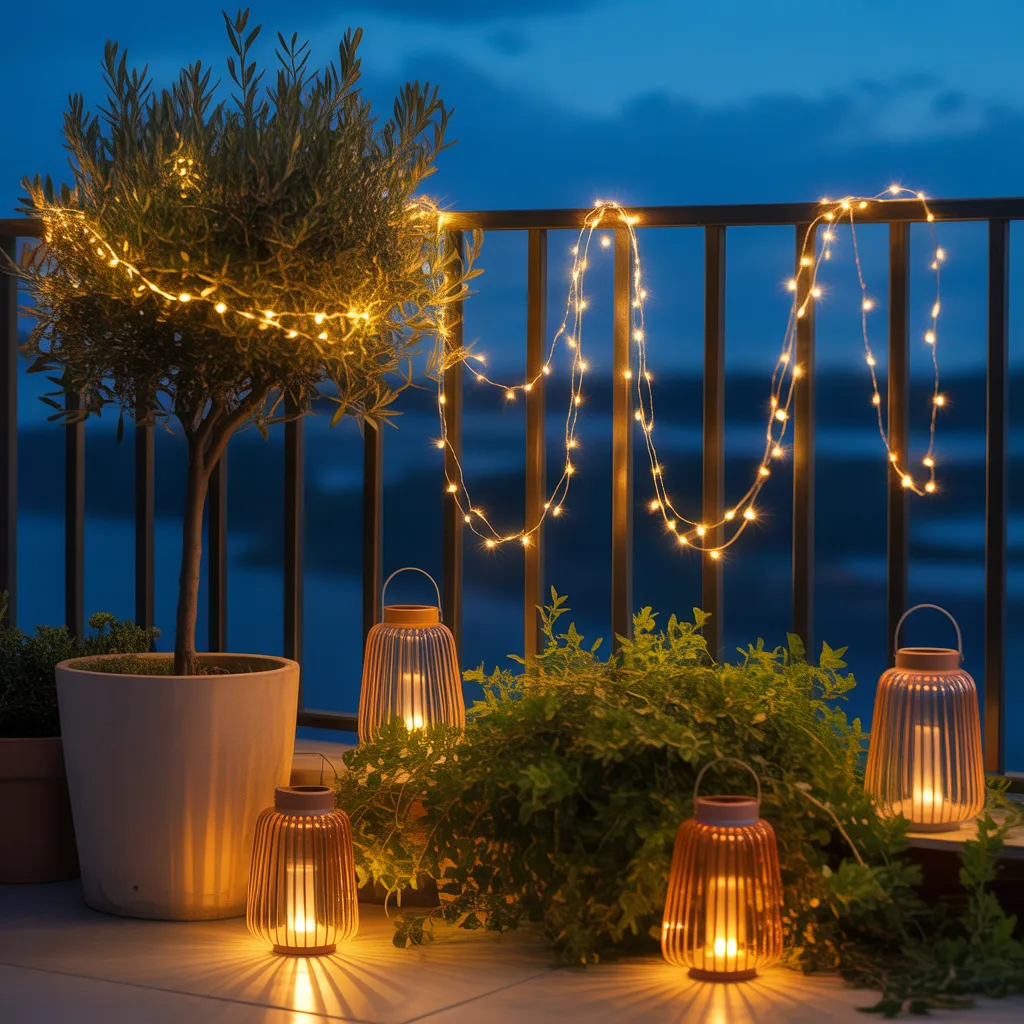 Solar string lights on small outdoor balcony at night
