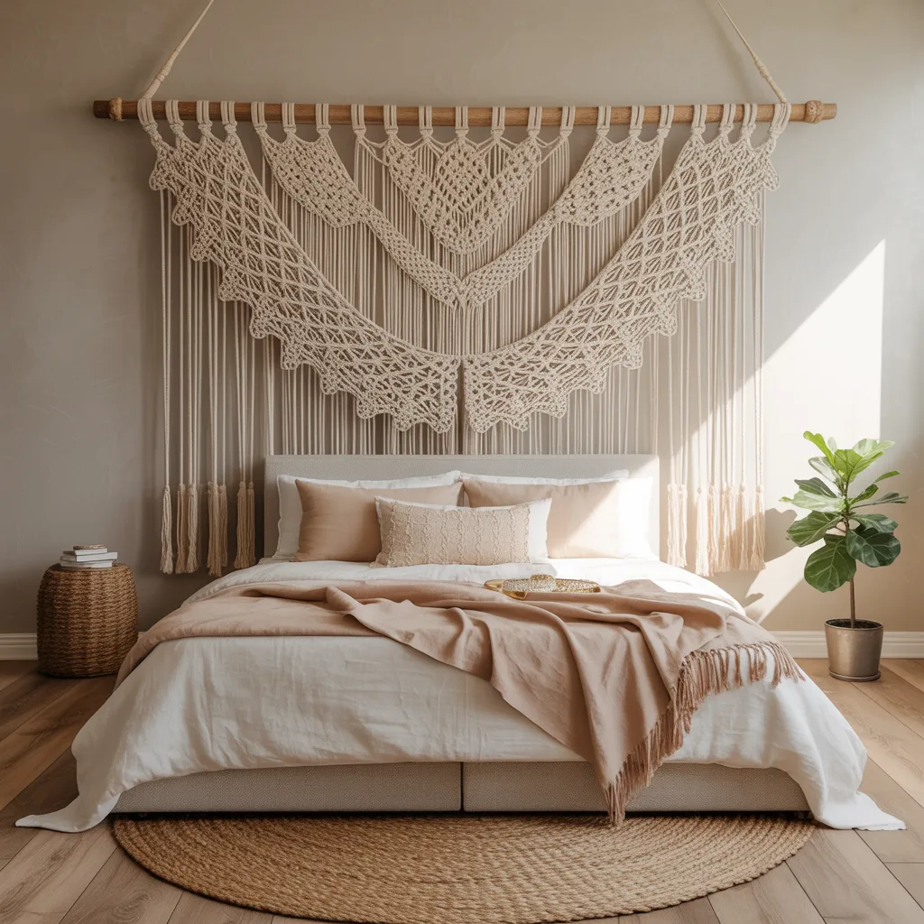 large hand-knotted cream macramé wall hanging used as headboard in a peaceful bohemian bedroom
