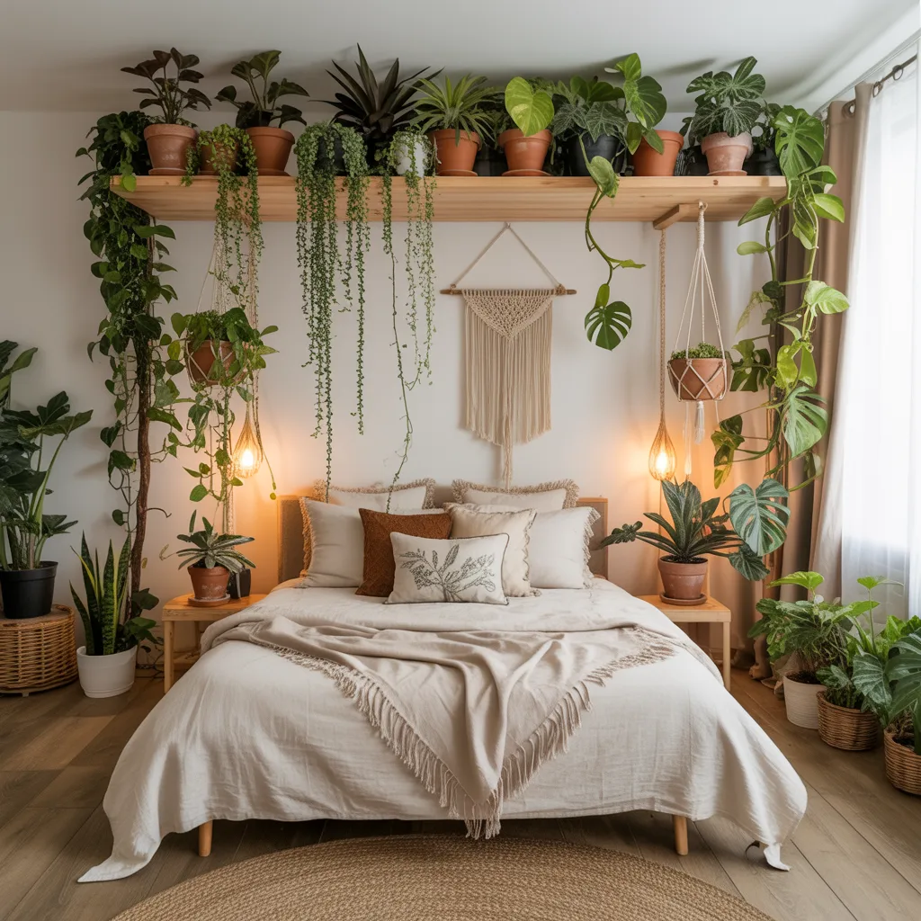 cozy bohemian bed surrounded by lush trailing indoor plants cascading from a wooden shelf headboard