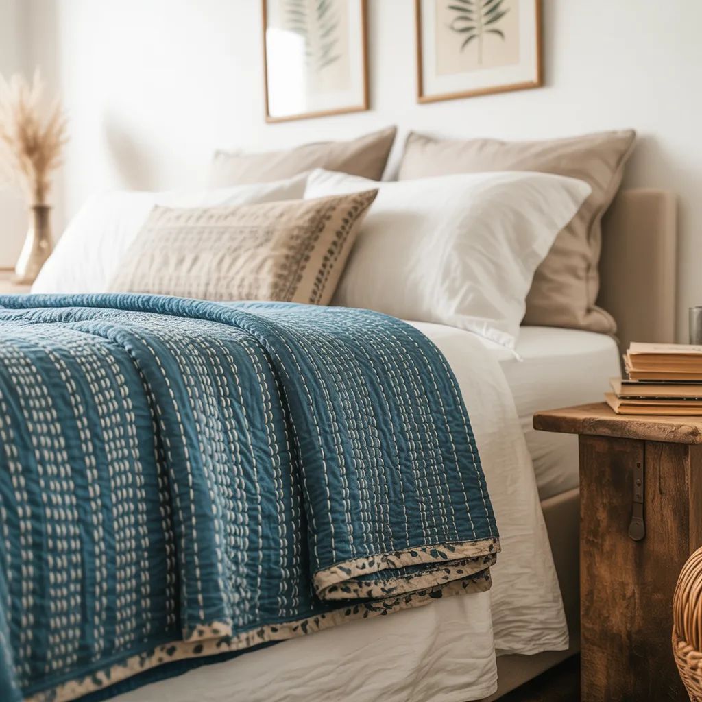 serene bohemian bed with authentic vintage indigo Kantha quilt over white organic linen sheets