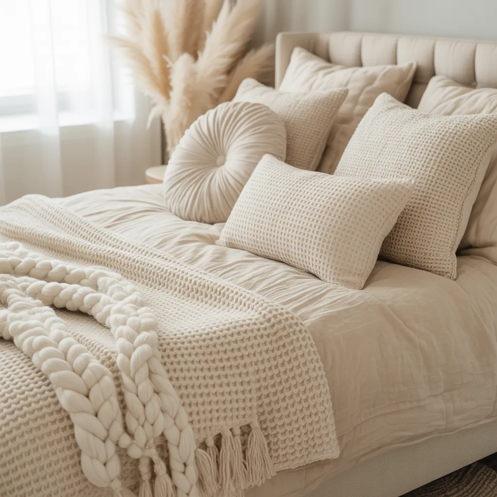monochromatic cream and ivory bohemian bed with layered waffle-weave blanket and chunky knit throw