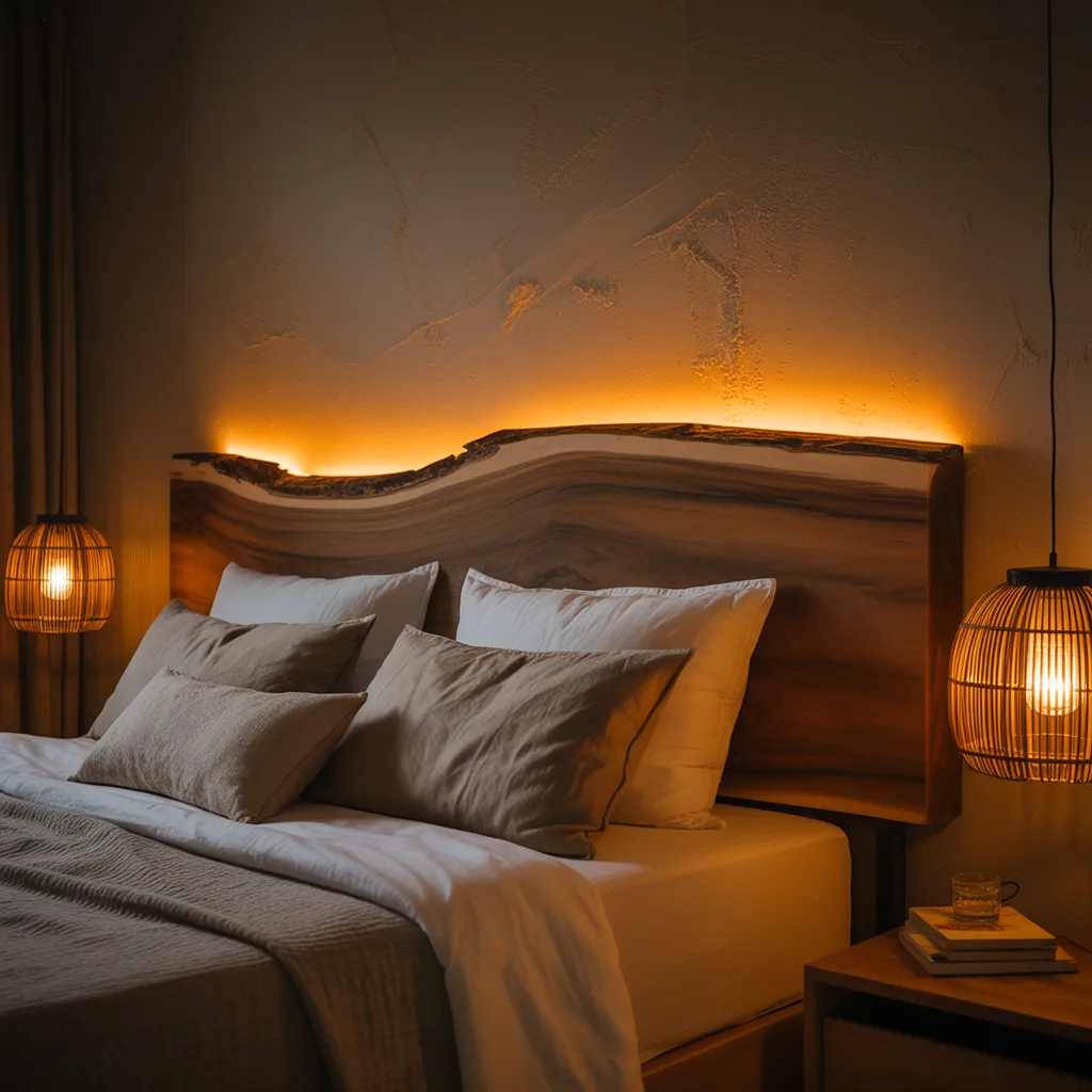 bohemian bedroom with warm amber LED strip light glowing behind a live-edge wooden headboard