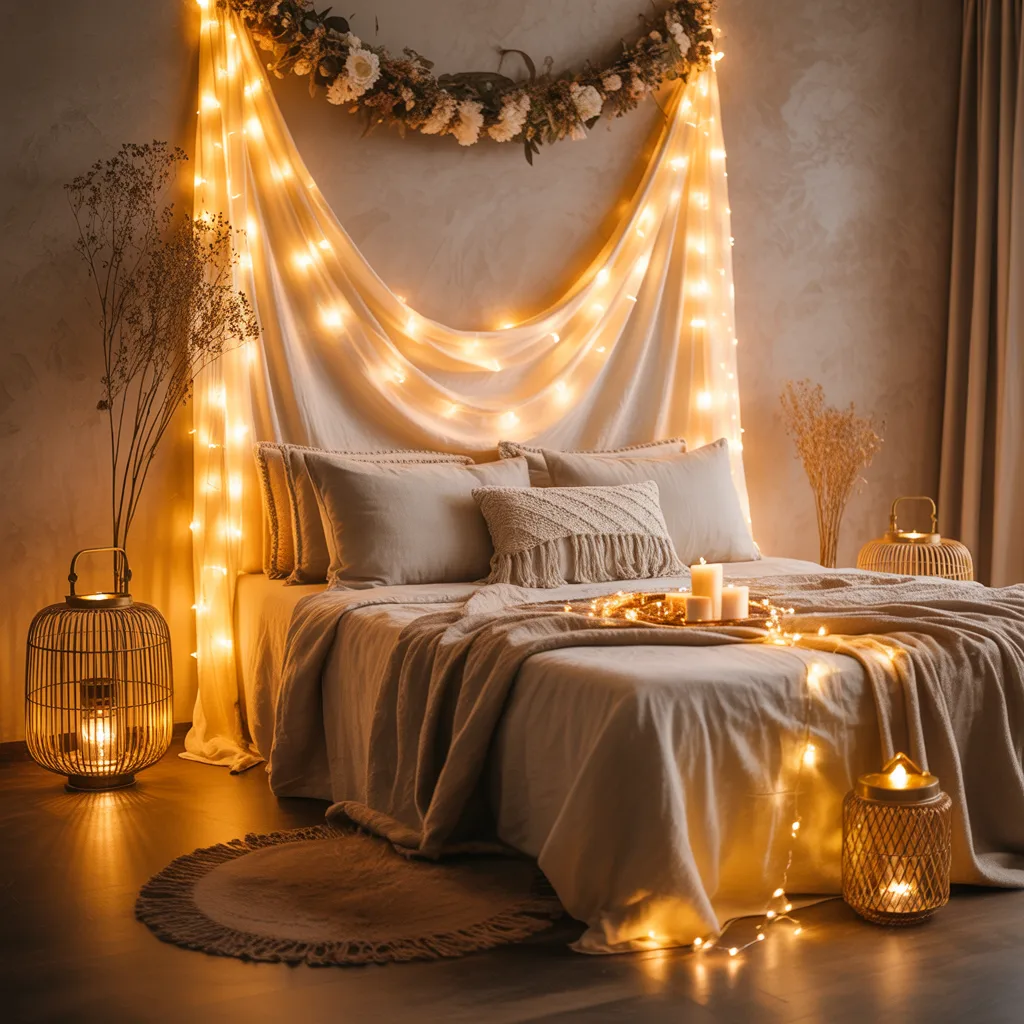 magical bohemian bedroom with warm golden fairy lights draped above the bed and rattan lanterns
