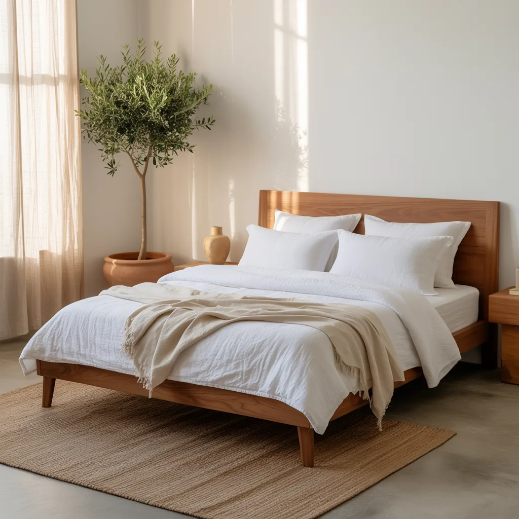 serene minimalist bohemian bed with honey oak wooden frame and crisp white organic linen bedding