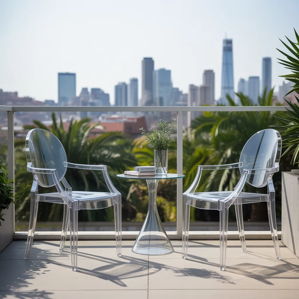 Acrylic ghost chairs on compact balcony for open feel
