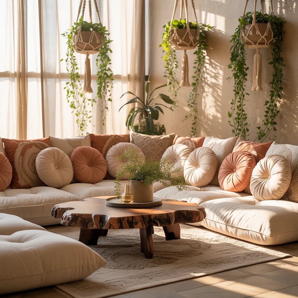 
Cozy bohemian floor seating with linen cushions and layered rugs