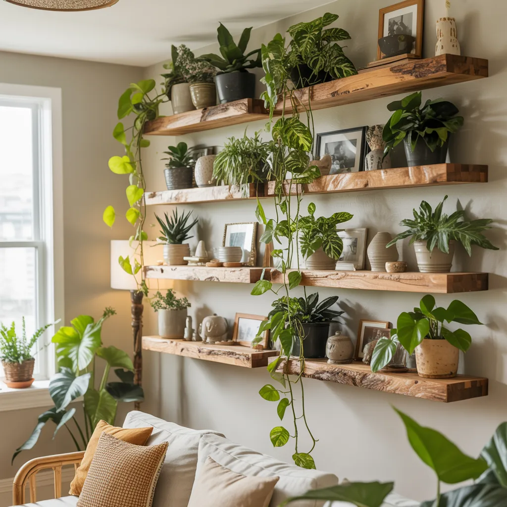 Bohemian living room plant gallery wall with trailing pothos and rattan shelves