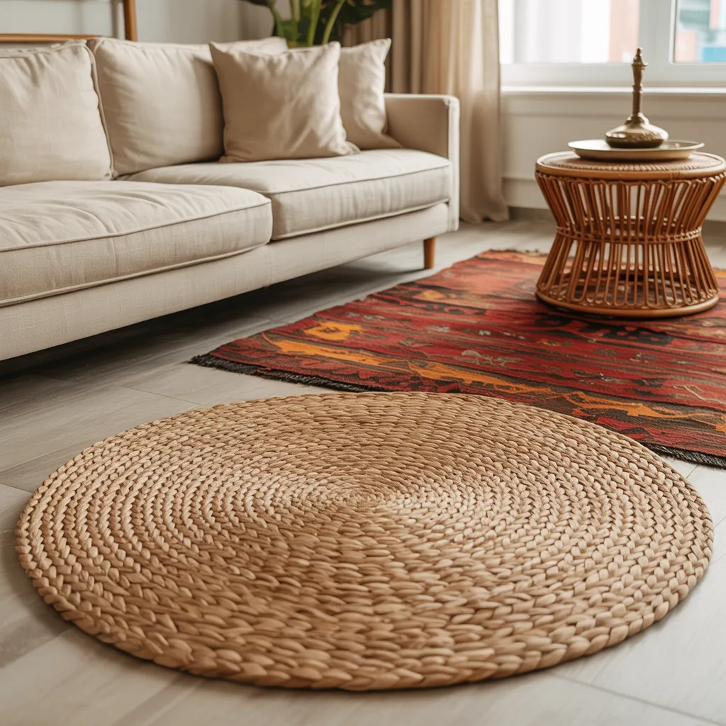 Layered jute and kilim rug on bohemian living room floor