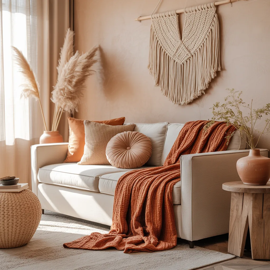 
Warm earth-tone bohemian living room with terracotta and ochre decor