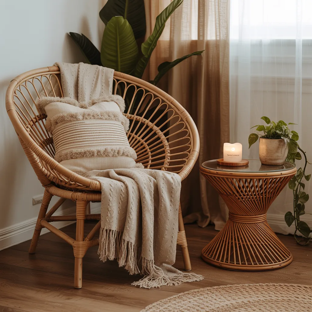 
Sustainable rattan peacock chair in cozy bohemian living room corner