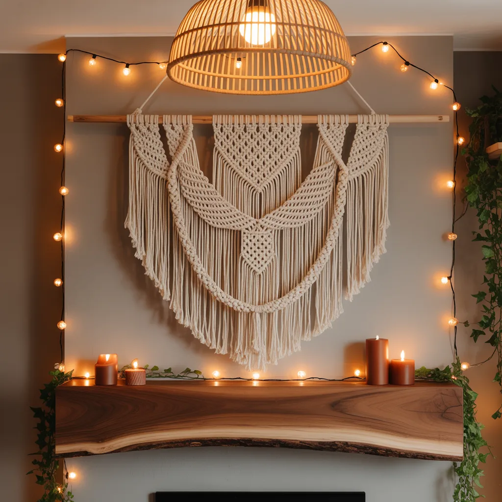 Macrame wall art with fairy lights above live-edge wood shelf in boho living room