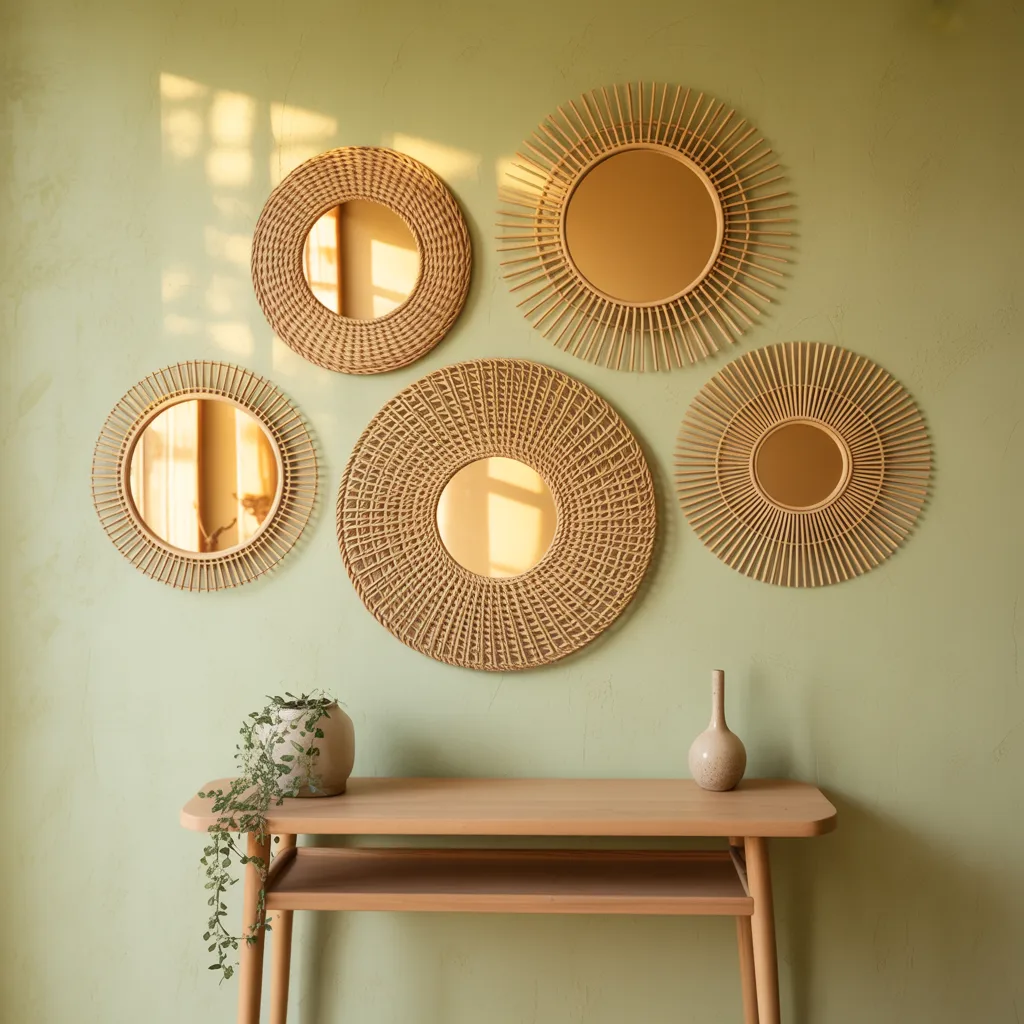 Sunburst rattan mirror cluster gallery wall bohemian interior