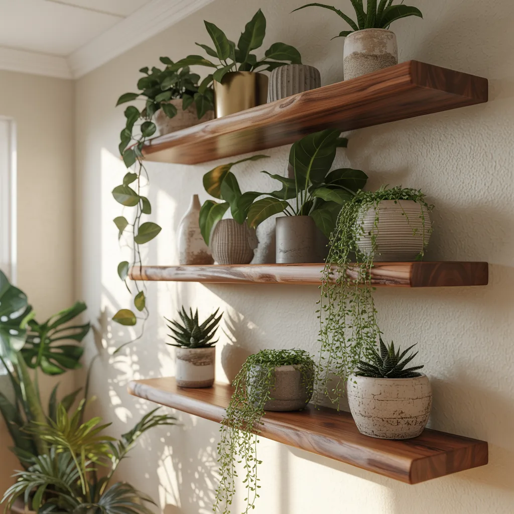 Floating live-edge timber plant ledge wall bohemian home