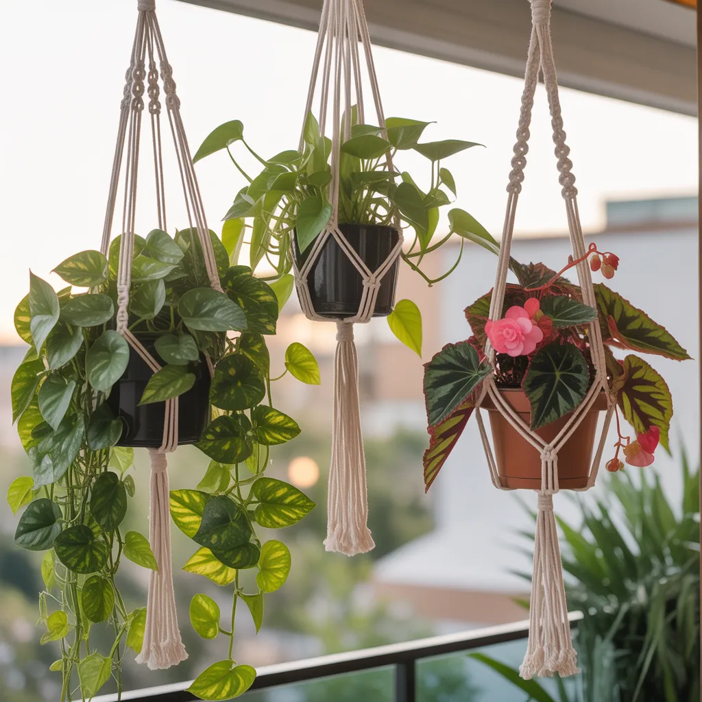 Hanging macrame planters with trailing plants on balcony ceiling
