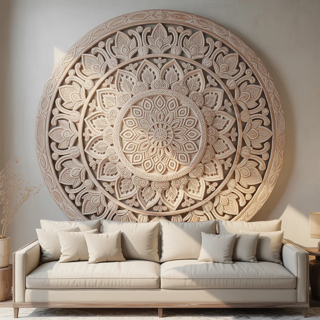 Hand carved mango wood mandala wall panel bohemian decor