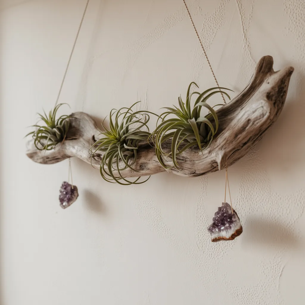 Asymmetric raw driftwood sculptural wall installation boho home