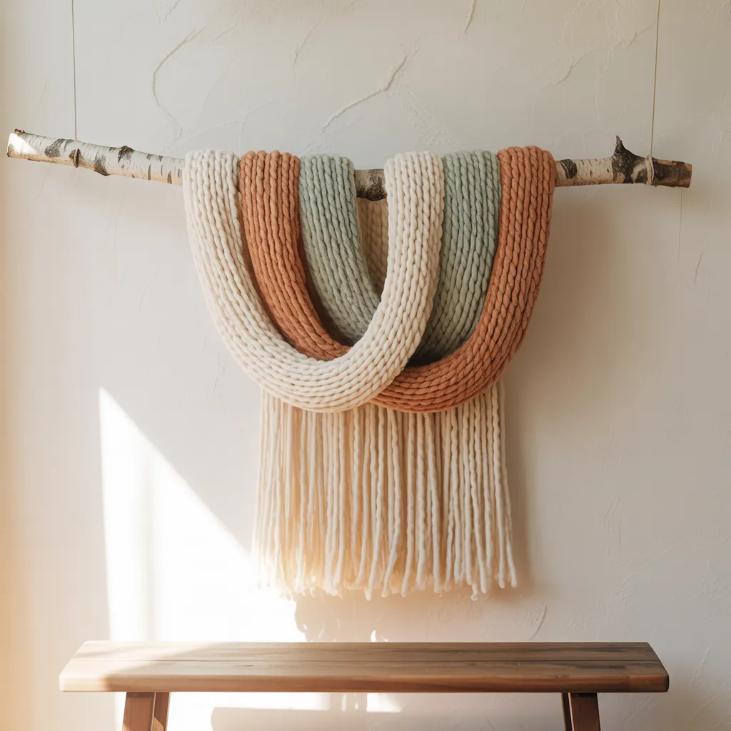 Woven yarn driftwood fiber art fringe hanging boho bedroom wall