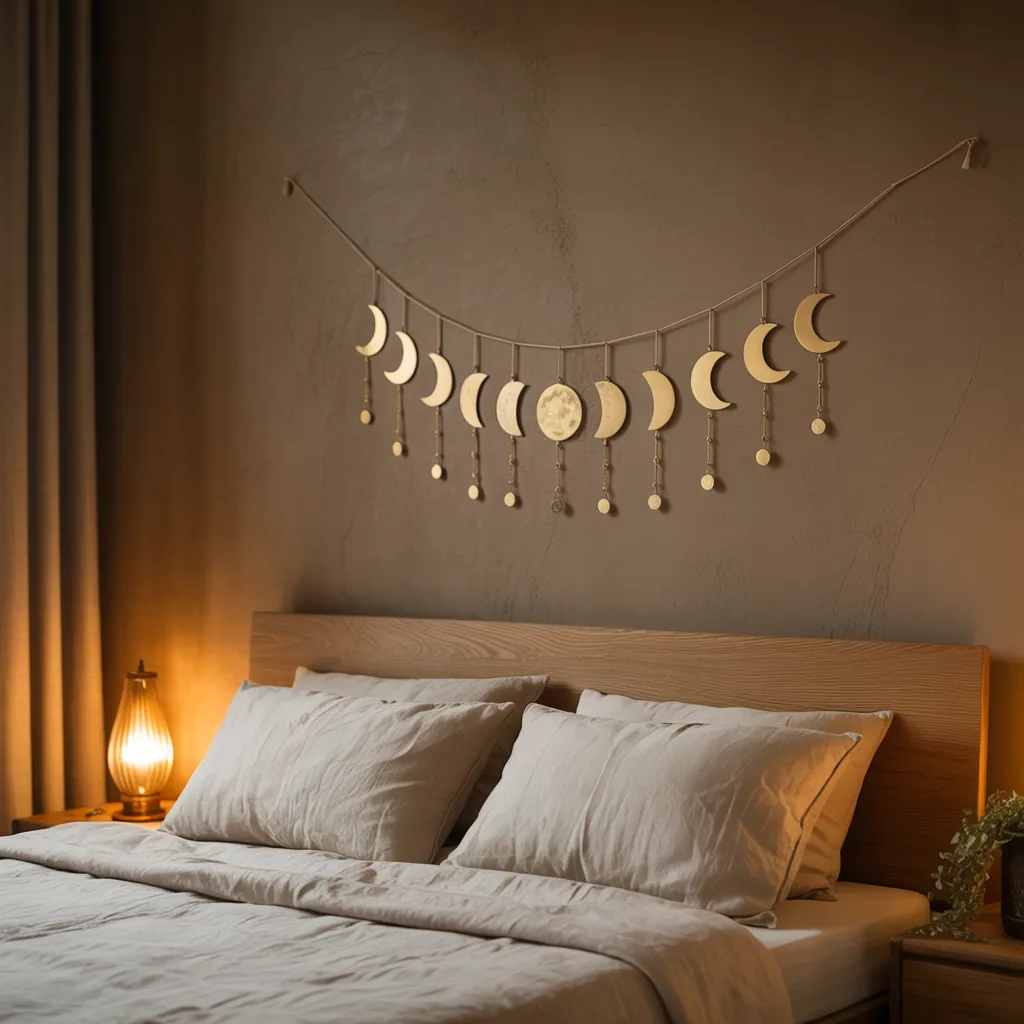 Moon phase brass garland celestial wall accent bohemian bedroom
