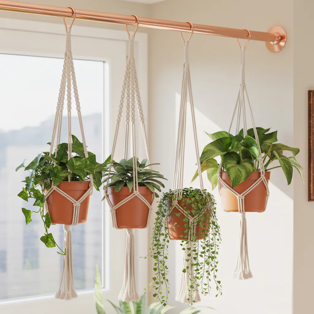 Hanging indoor plant macramé rod wall feature boho living room