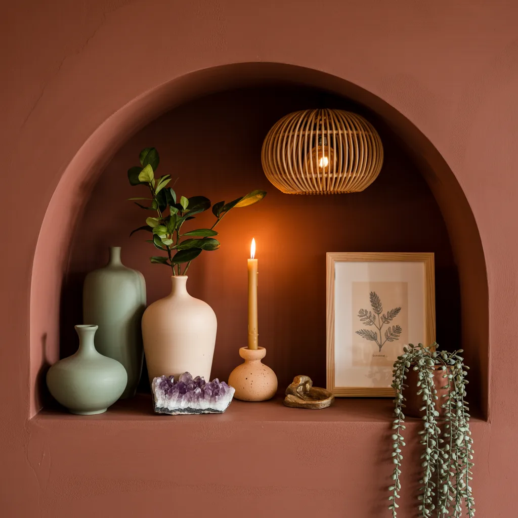 Styled bohemian wall niche alcove feature terracotta boho decor