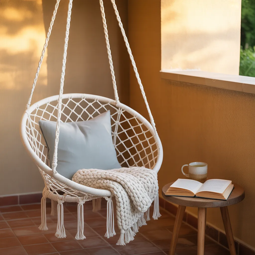 Hanging chair in small balcony corner as wellness nook
