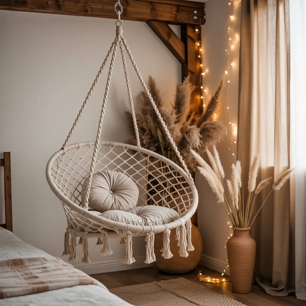 Dreamy hanging macramé egg chair boho bedroom corner