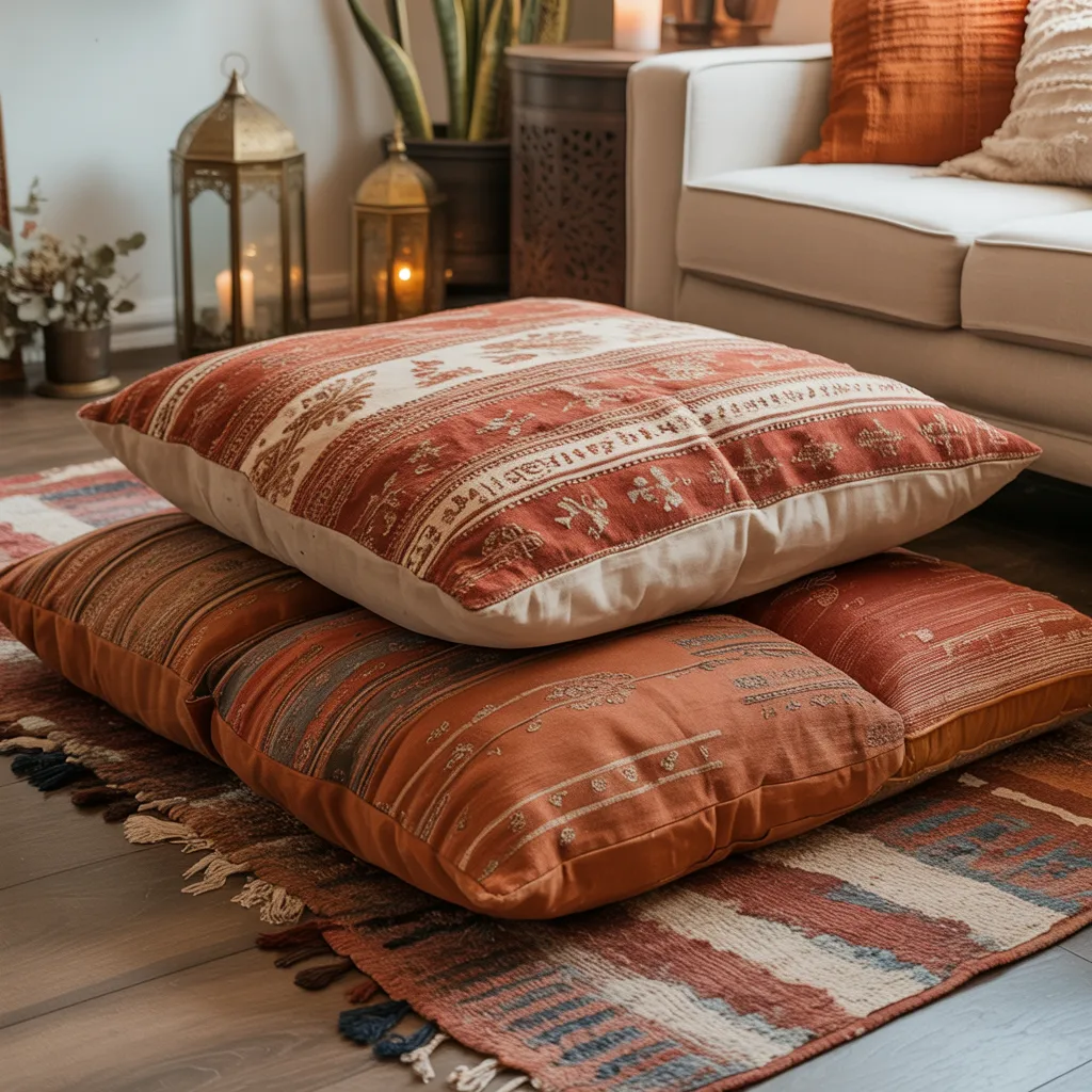 Vintage Moroccan floor cushion setup bohemian seating idea