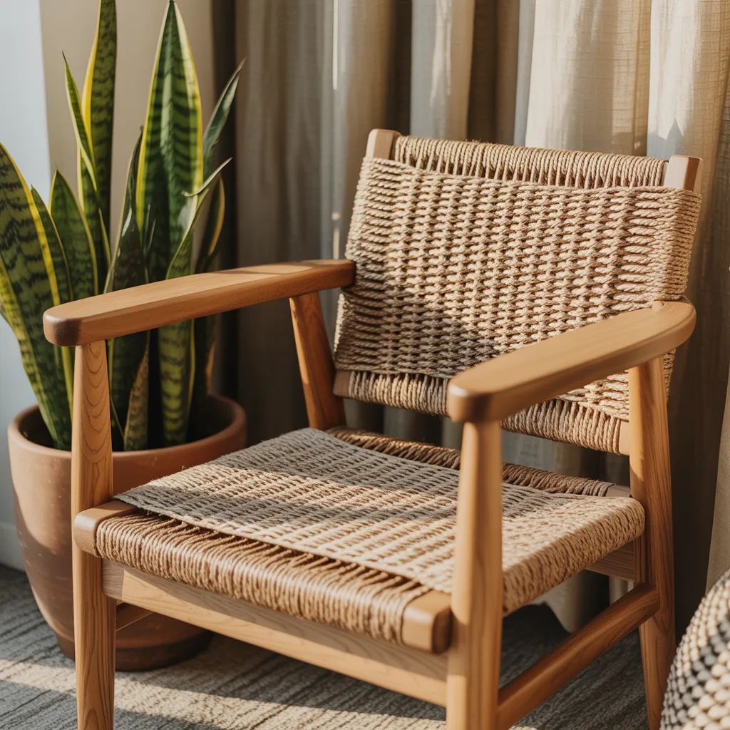 Earthy woven seagrass accent armchair bohemian interior