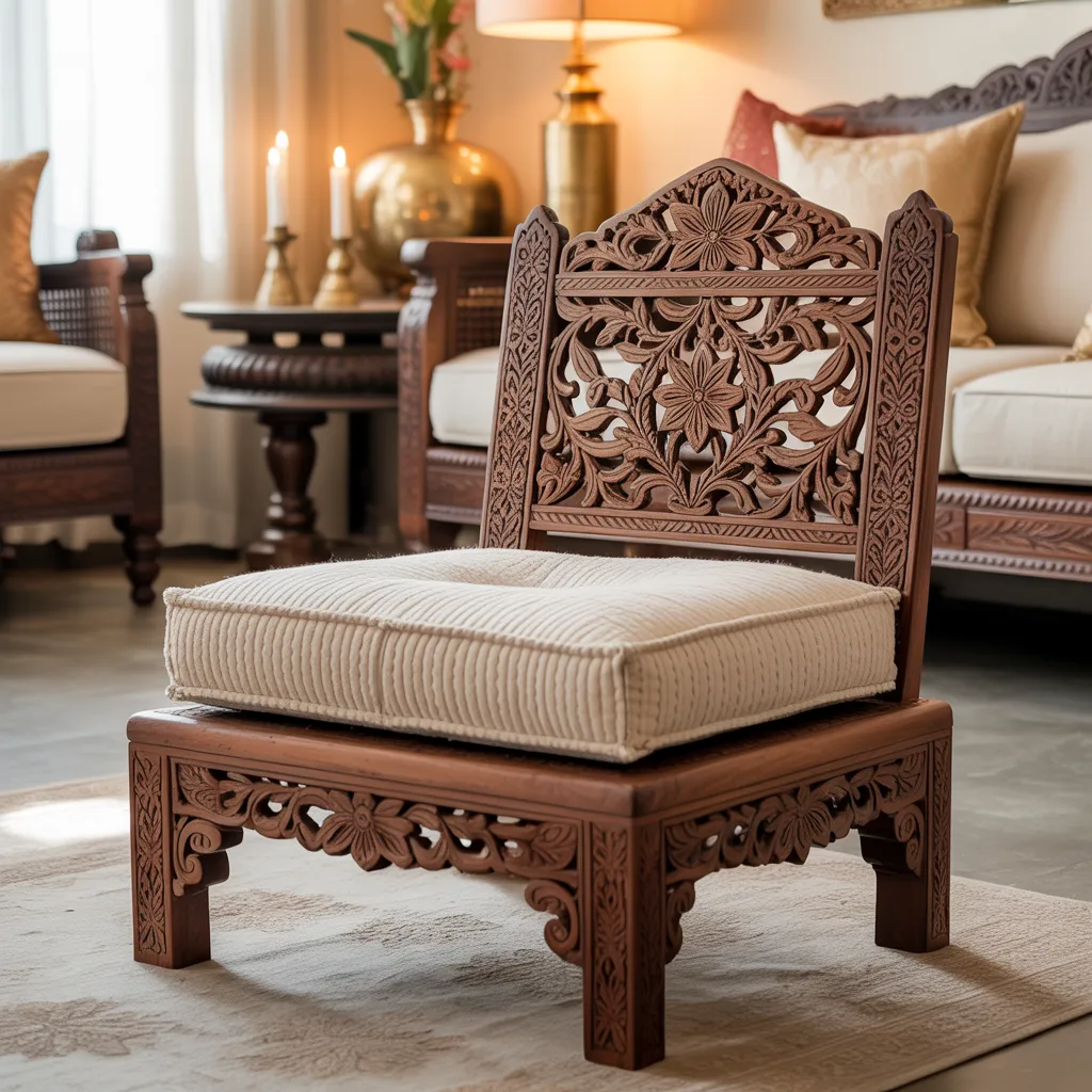Hand carved low Indian floor chair bohemian style home