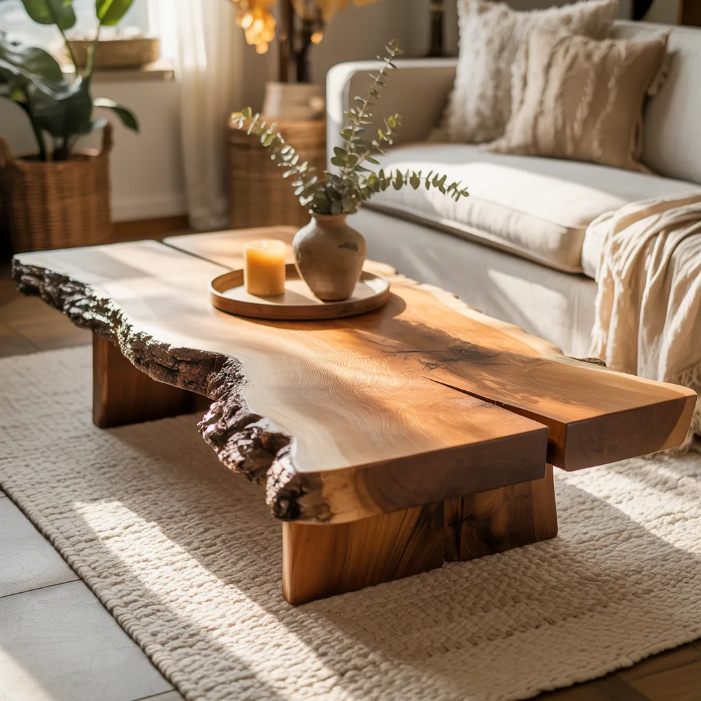 Reclaimed live-edge white oak coffee table boho living room