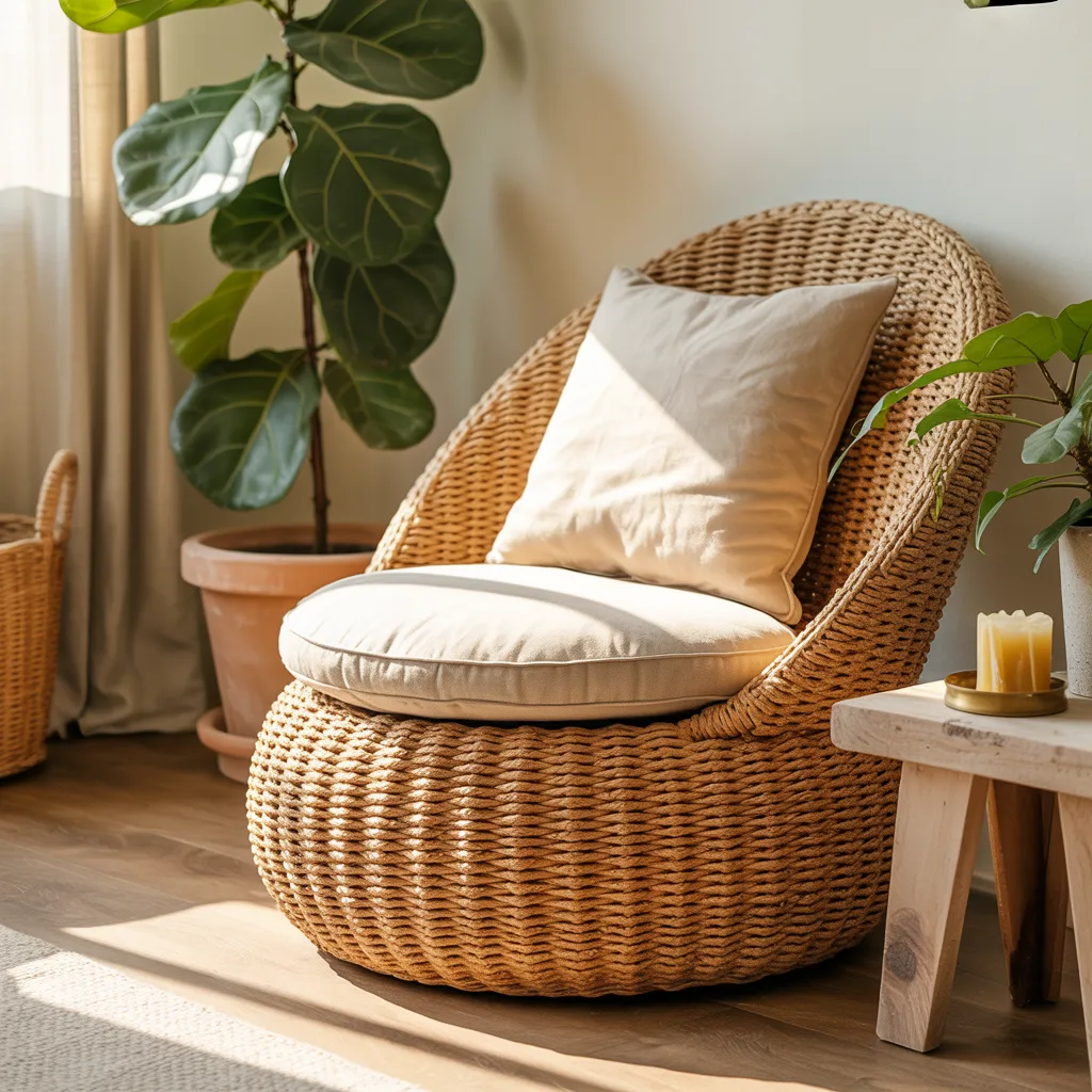 Hand woven natural rattan lounge chair bohemian home decor