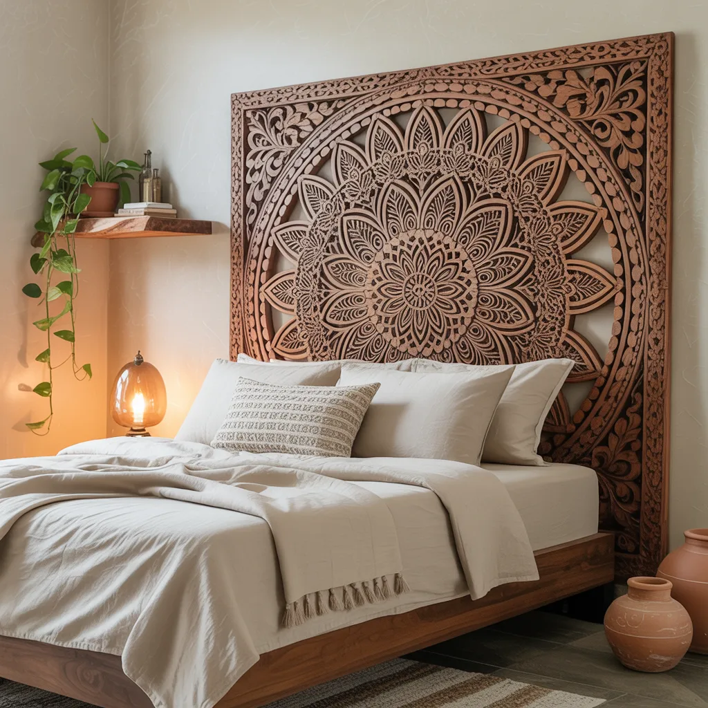 Hand carved mango wood bed headboard bohemian bedroom