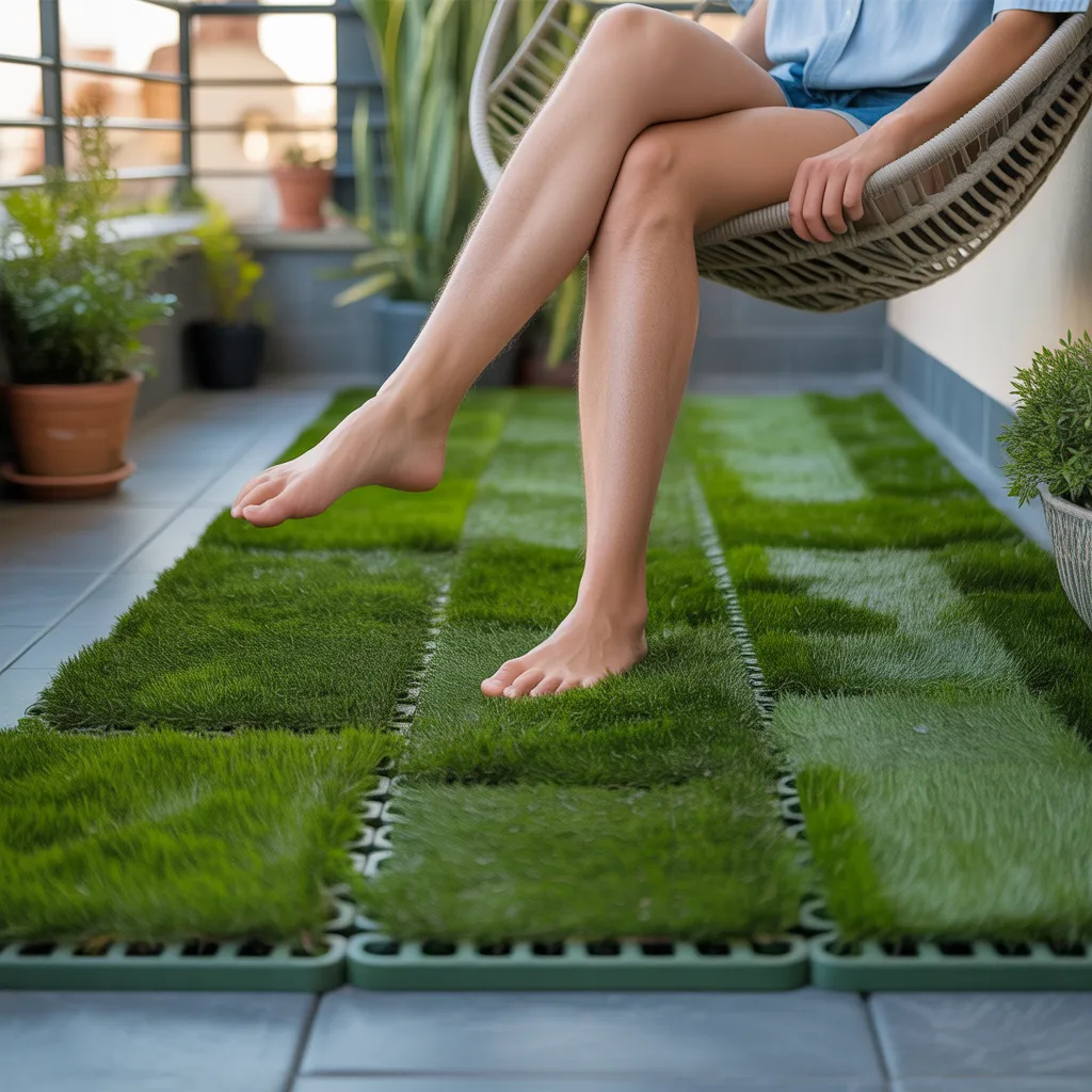 Interlocking artificial grass tiles on concrete balcony floor
