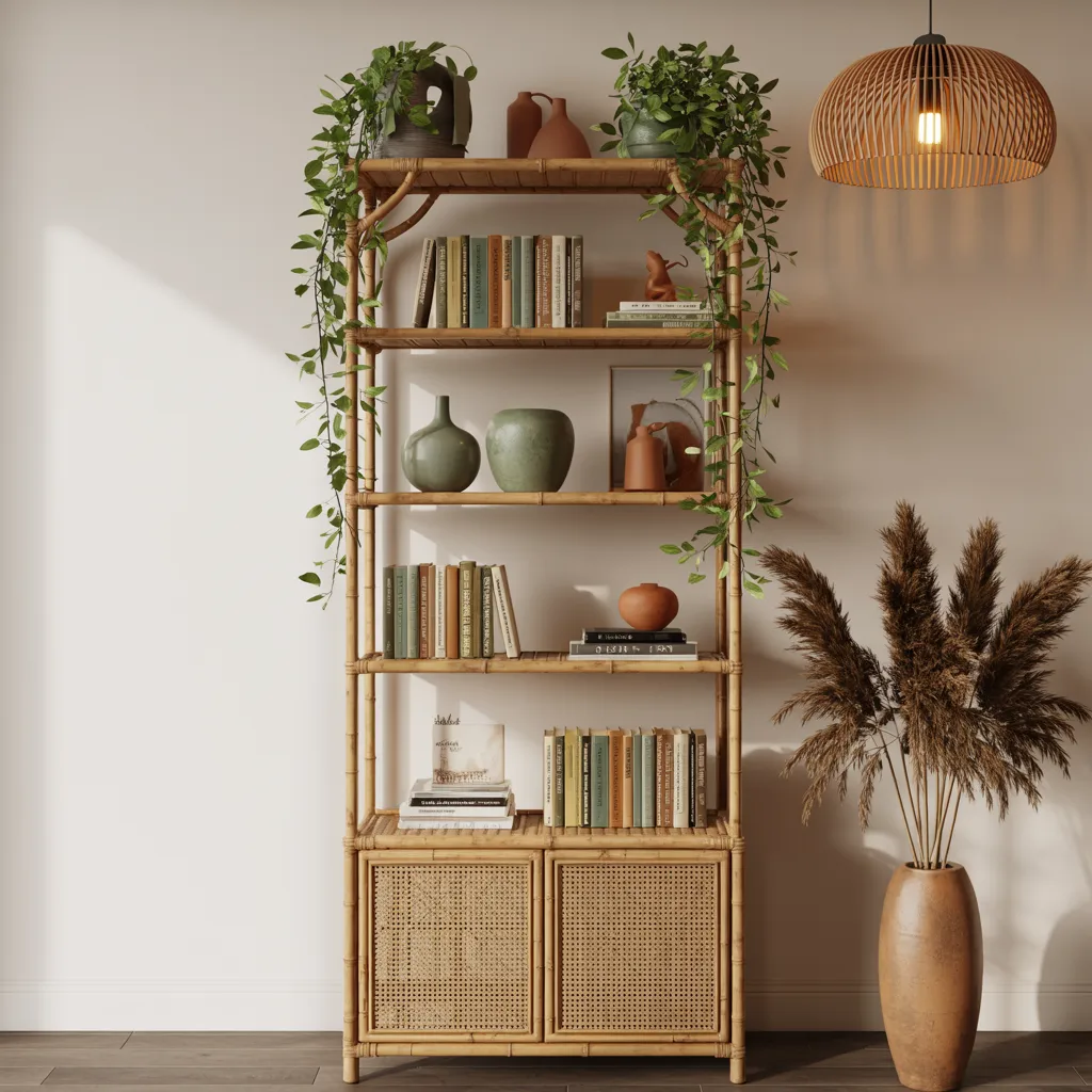Tall bamboo rattan open bookshelf organic boho home
