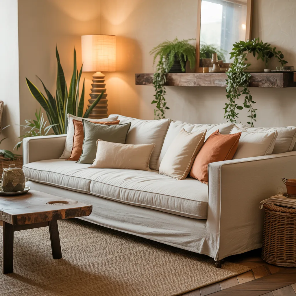 Organic linen upholstered deep sofa boho living room