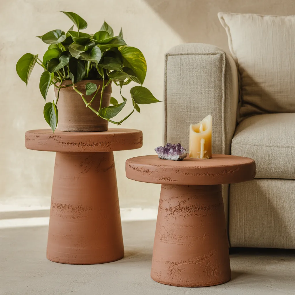 Unglazed terracotta clay pedestal stool bohemian decor
