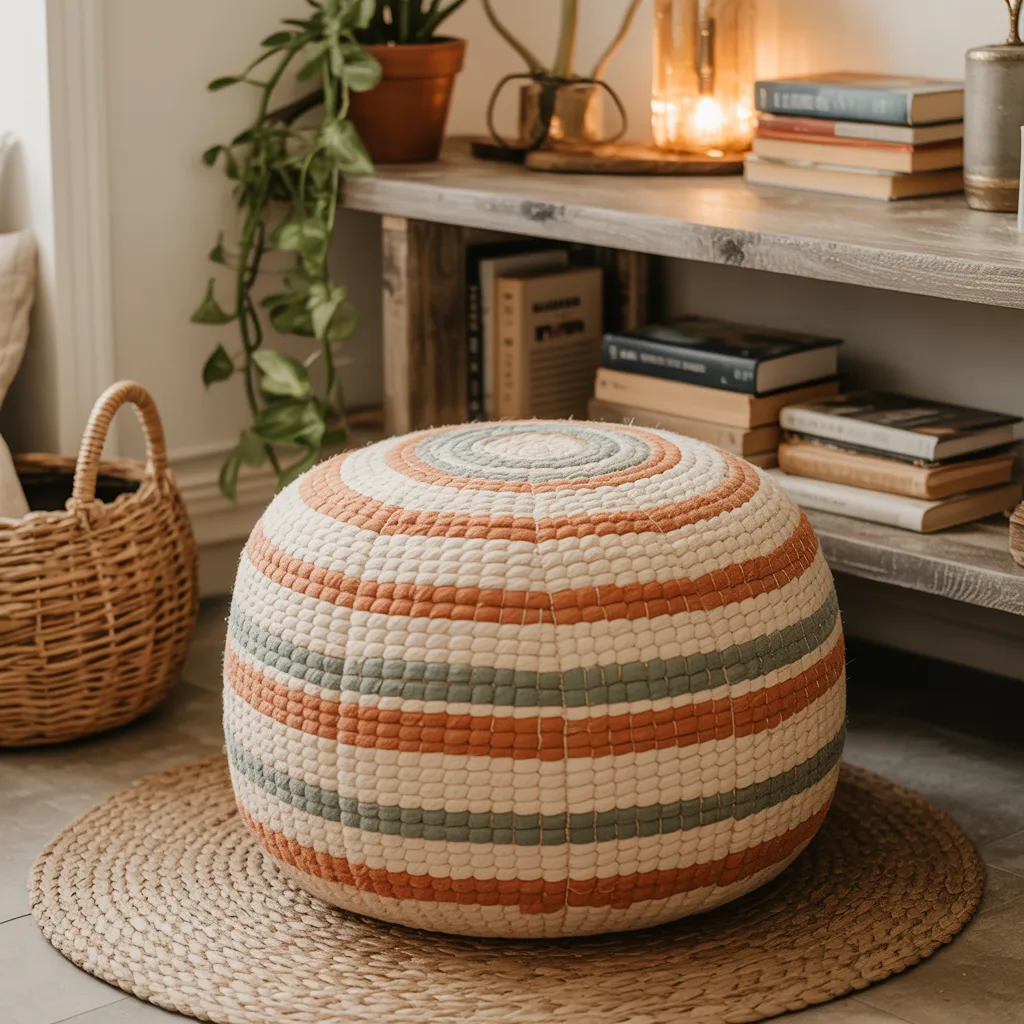 Upcycled chindi cotton ottoman pouf bohemian furniture idea