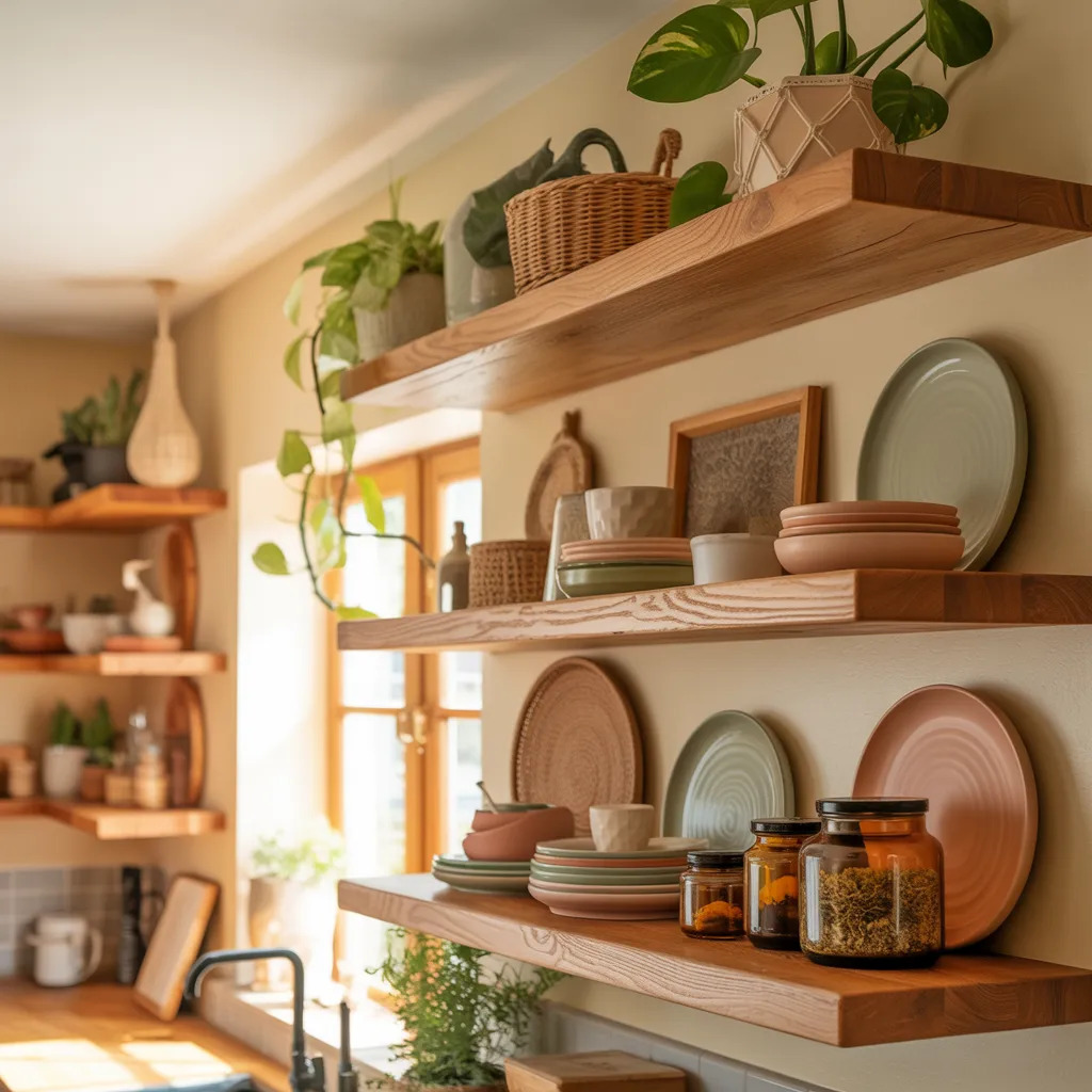 Natural wood open shelving bohemian kitchen decor
