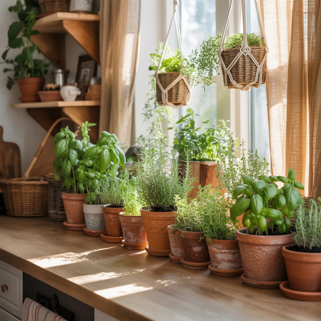 Indoor herb garden terracotta pots boho kitchen
