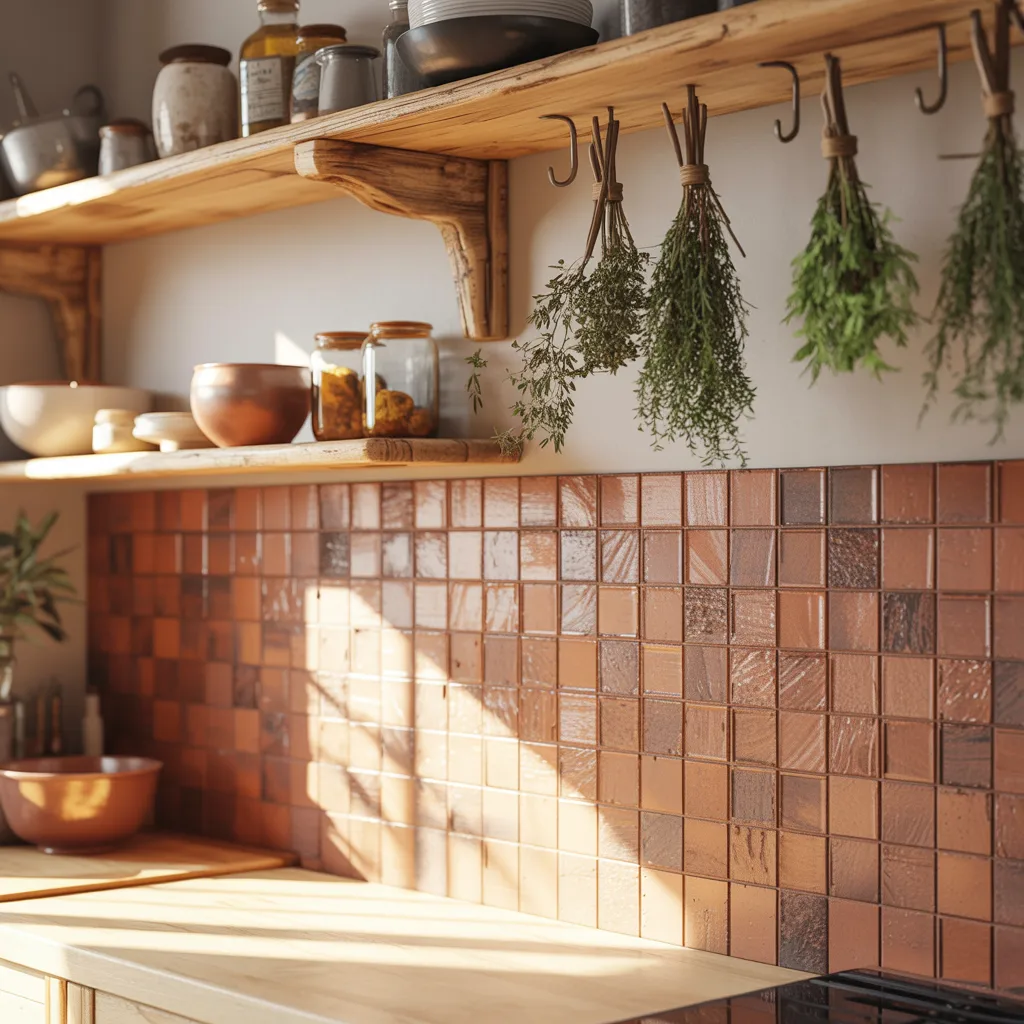 Raw terracotta tile backsplash bohemian kitchen