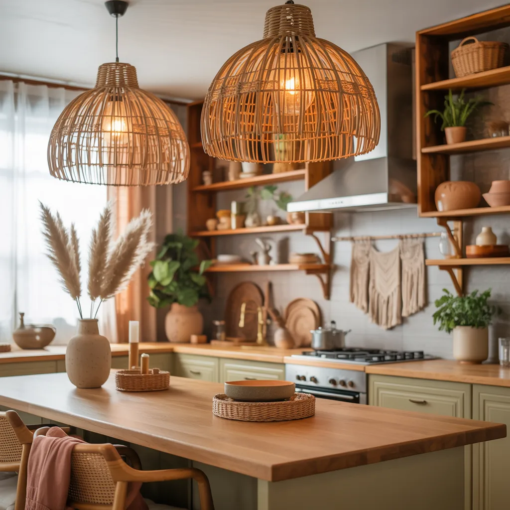 Rattan pendant lights boho kitchen aesthetic