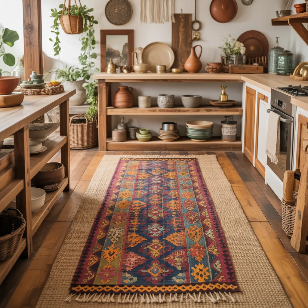 Vintage Turkish kilim rug bohemian kitchen floor
