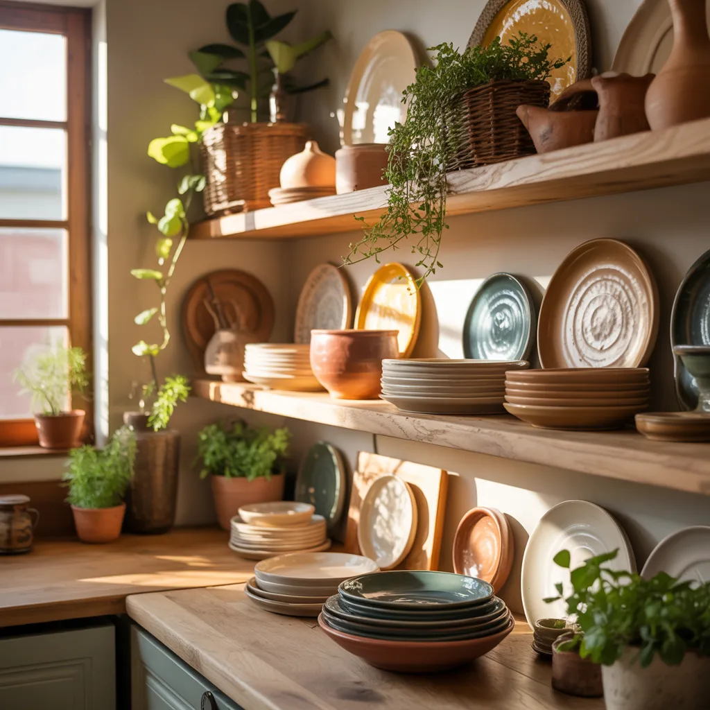 Handmade ceramic pottery display boho kitchen shelves