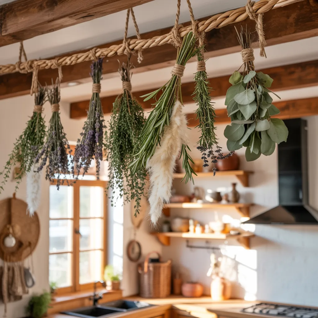 Hanging dried herbs pampas grass boho kitchen ceiling