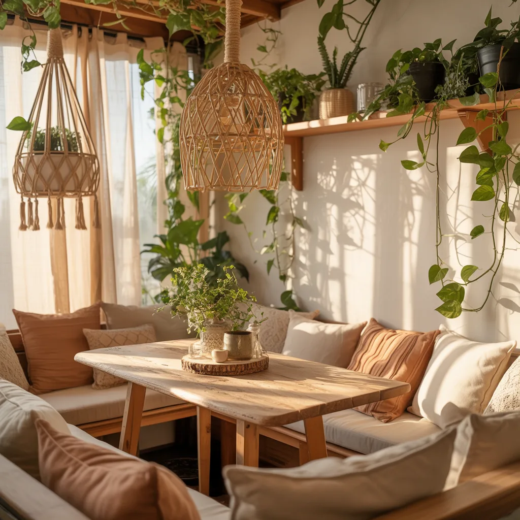 Cozy bohemian breakfast nook window seating area