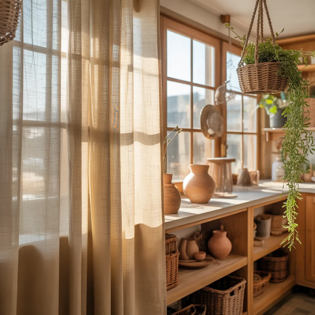 Natural linen curtains boho kitchen window treatment