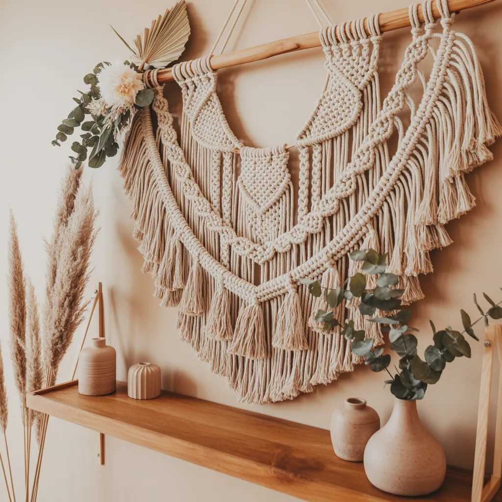 Large cream macrame wall hanging in cozy bohemian
living room with earthy decor