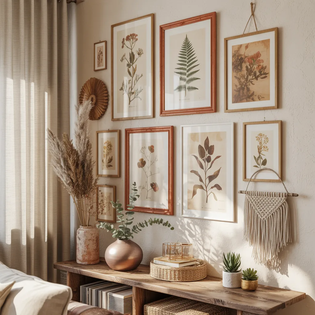 Earthy bohemian gallery wall with botanical prints
and terracotta frames
