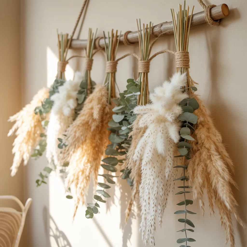 Dried pampas grass and eucalyptus bundles hanging
from wooden dowel on boho wall