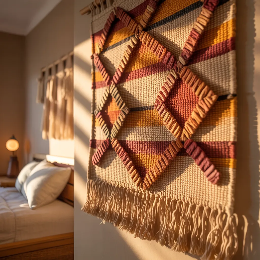 Handwoven bohemian tapestry wall art in warm earthy
tones with geometric pattern